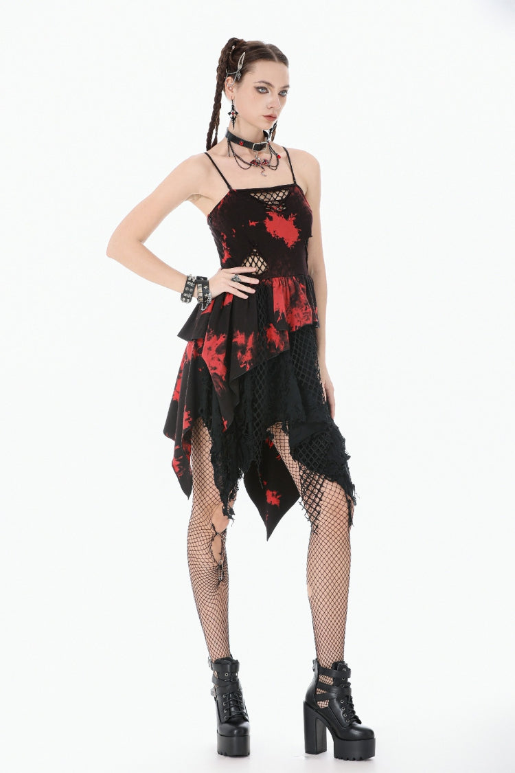 Black/Red Sleeveless Irregular Mesh Tie Dye Women's Punk Slip Dress - Product - 2