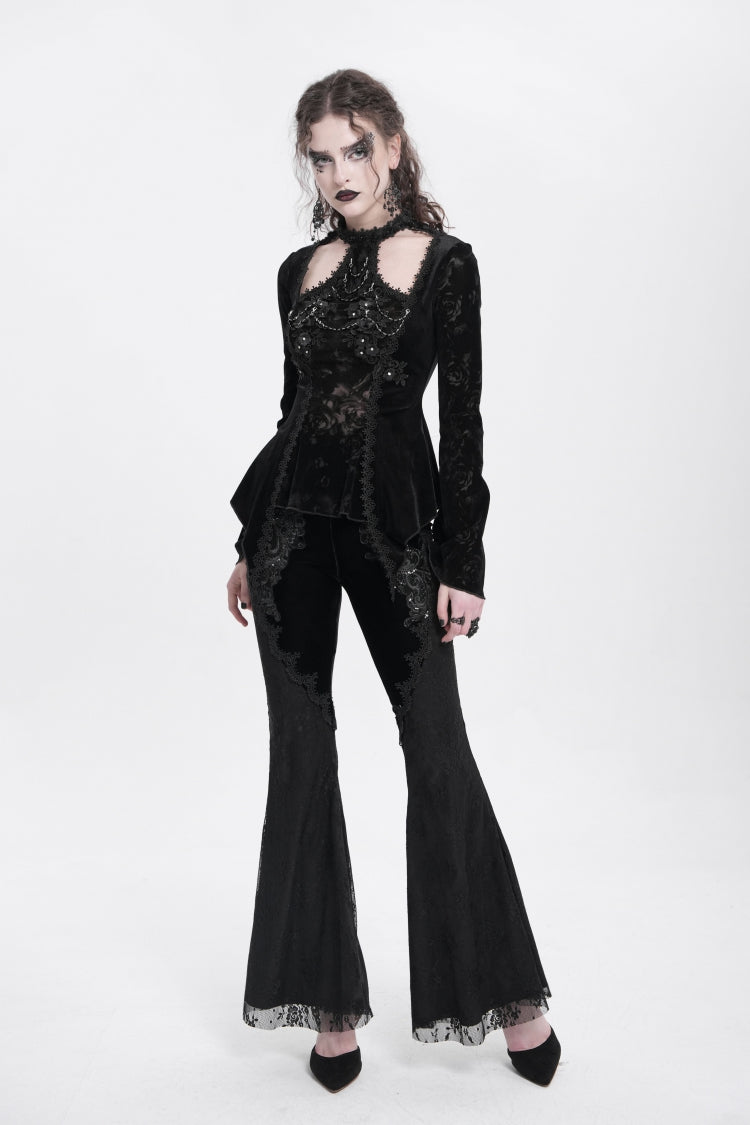 Black Halterneck Long Trumpet Sleeves Jacquard Embroidery Women's Gothic Blouse - Product - 12