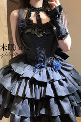 [Sunset Venus] Halterneck Sleeveless Multi-Layered Ruffle Bowknot Lace Fishbone Sweet Lolita Dress 2 Colors - Blue - 5