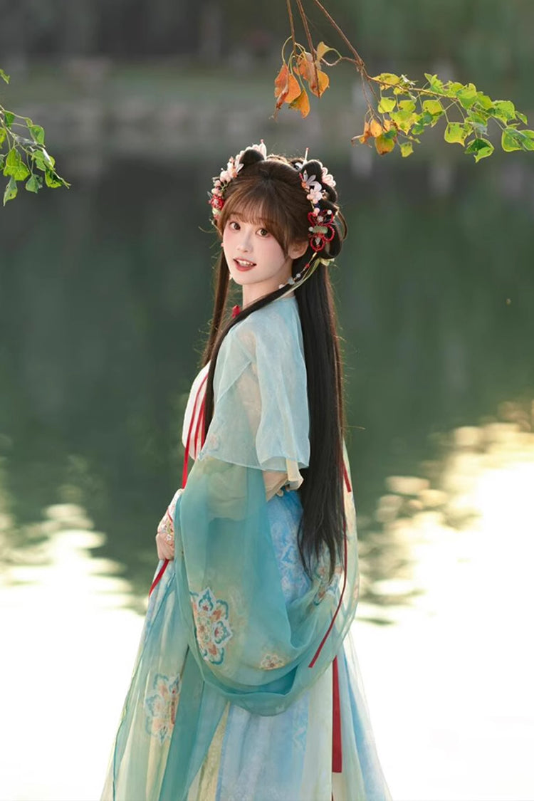 Multi-Color High Waisted Jacquard Print Slim Women's Sweet Hanfu Dress Full Set - Product - 5