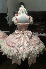 Pink [Dreaming Butterfly] Multi-Layered Jacquard Ruffle Bowknot Lace Sweet Princess Lolita Jsk Dress - Product - 13