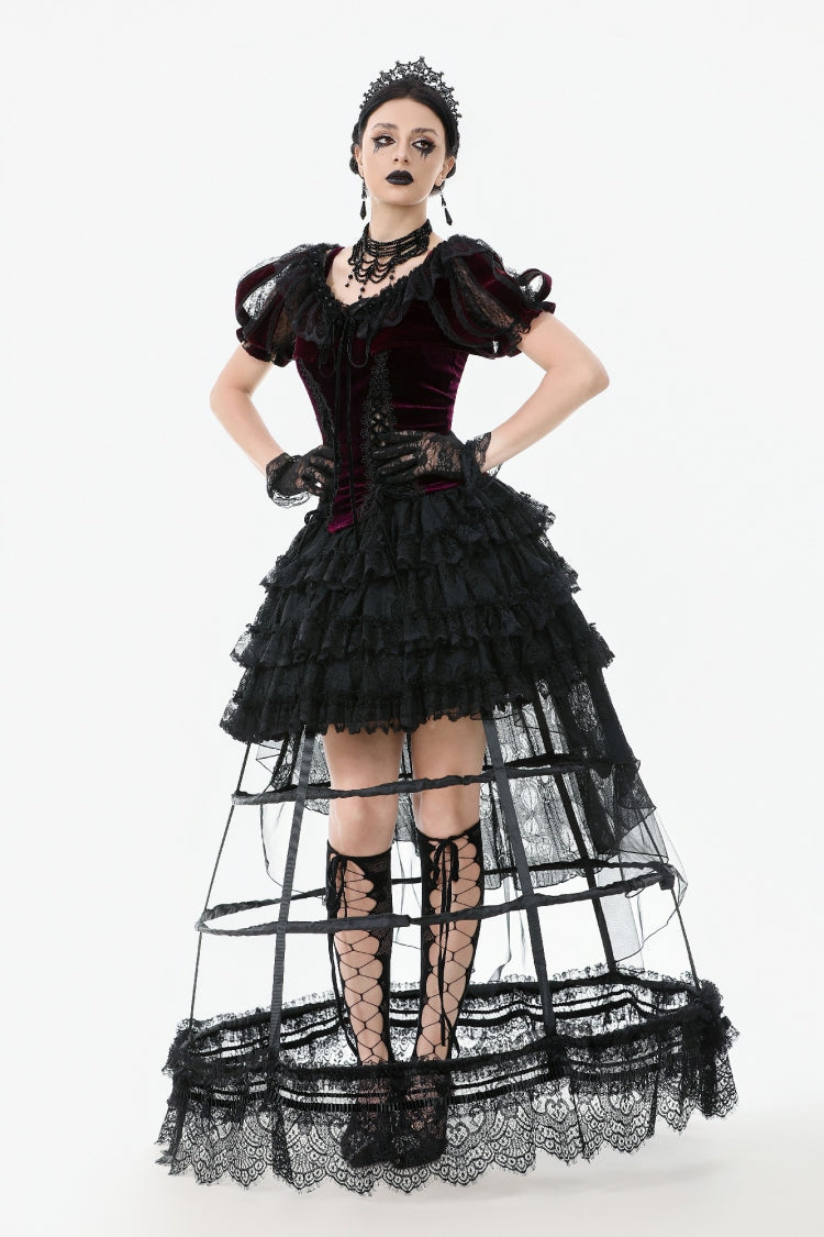 Black Ruffled Doll Collar Short Puff Sleeves Lace-Up Women's Gothic Princess Velvet Cape - Product - 7