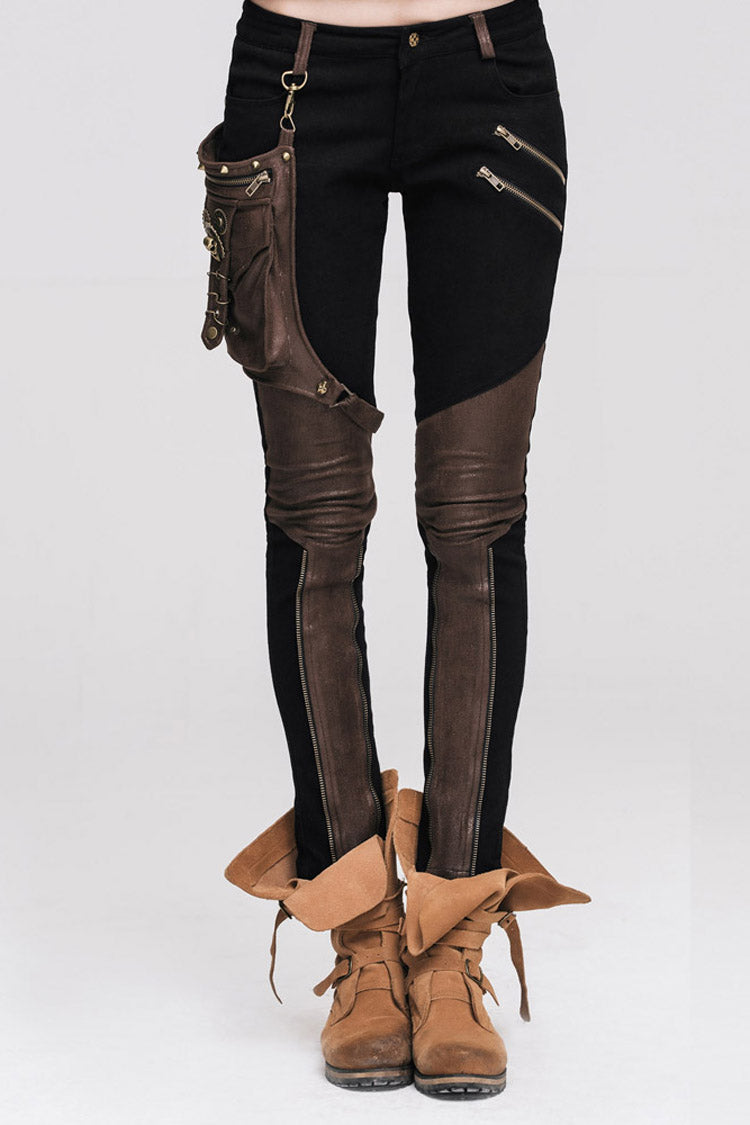 Punk Black Metal Ring Decoration Brown Leg Bag Twill Women's Pants - Black - 1