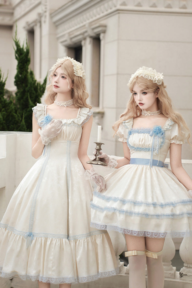Ivory [Sea Salt Iced Tea] Square Collar Short Sleeves Ruffle Fishbone Sweet Lolita Short Dress - Product - 8