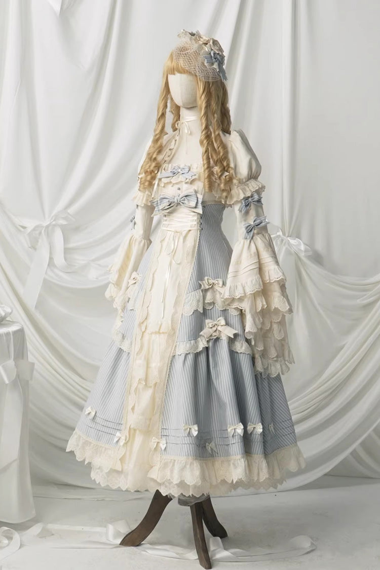 Blue [Letter Paper] Sleeveless Double-Layered Printed Ruffled Open-Front Bow Lace-Up Sweet Lolita Jsk Dress (Long Version) - Product - 5