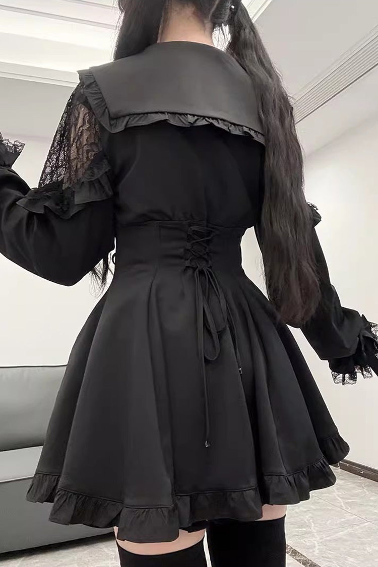 Black [Truffle Forest] Long Sleeves Ruffle Stitching Lace-Up Jirai Kei Japanese Dress Shorts Set - Product - 3