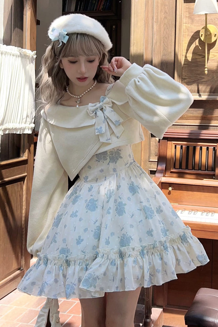 Blue Oblique Shoulder Print Ruffle Bowknot Lace Sweet Lolita Jsk Dress Set - Blue - 1