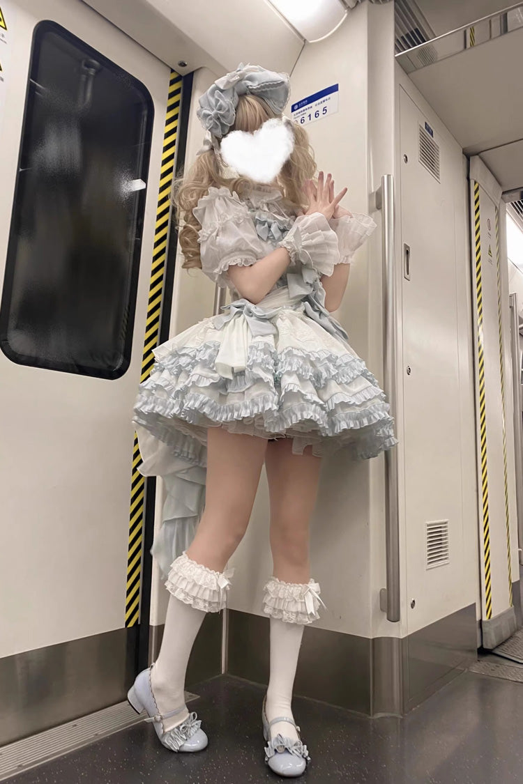 White/Light Blue Multi-layer Ruffle Bowknot Sweet Princess Lolita Jsk Dress (Includes Blouse) - Product - 6