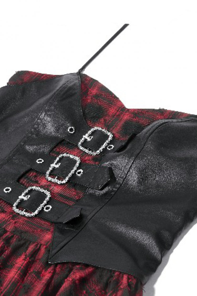 Black/Red Plaid Leather Multi-Layered Ruffled Women's Punk  Sweetcore Slip Dress - Product - 13