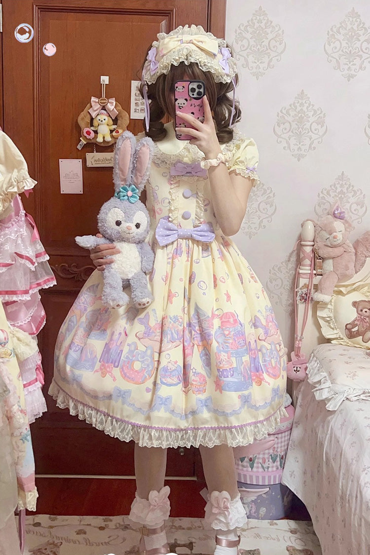 Cream Soda Mermaid Print Light Yellow Bowknot Lace Sweet Lolita Jsk Dress - Product - 4