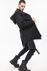 Black Punk Back Splicing Straps Design Windproof Fabric Daily Matching Hooded Casual Men's Coat - Product - 8