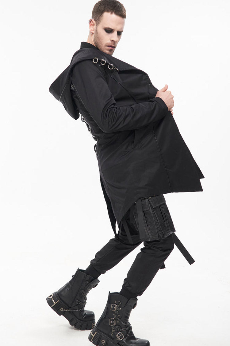 Black Punk Back Splicing Straps Design Windproof Fabric Daily Matching Hooded Casual Men's Coat - Product - 8