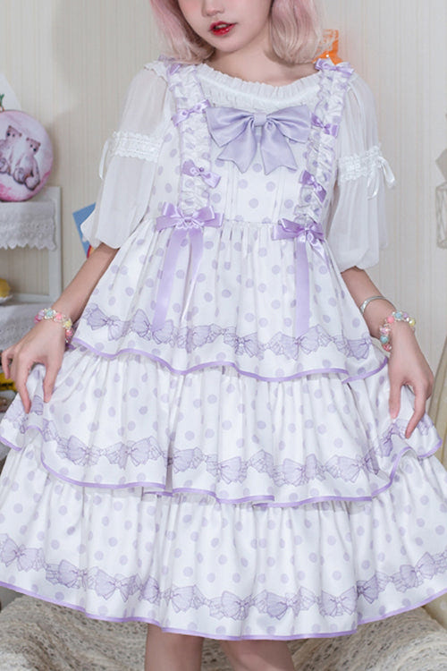 Polka Dot Print Sleeveless Bowknot Multi-Layer Ruffled High Waisted Sweet Lolita Tiered JSK Dress - Purple - 1