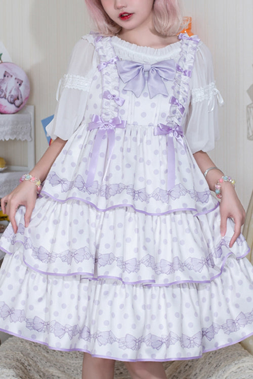 Polka Dot Print Sleeveless Bowknot Multi-Layer Ruffled High Waisted Sweet Lolita Tiered JSK Dress - Purple - 1