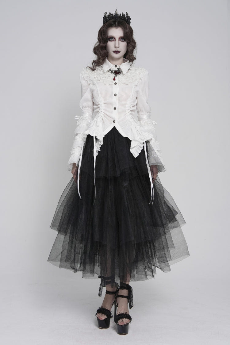 White Lapel Collar Long Trumpet Sleeves Lace Lace-Up Slim Women's Gothic Blouse - Product - 3