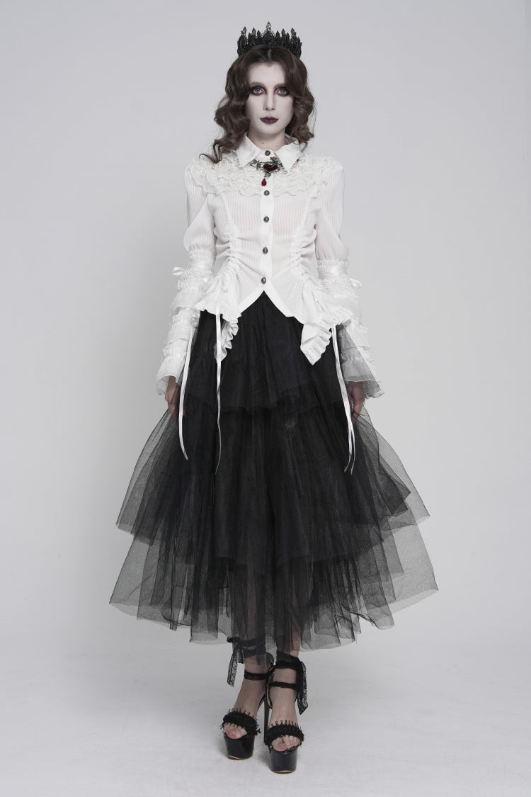 White Lapel Collar Long Trumpet Sleeves Lace Lace-Up Slim Women's Gothic Blouse - Product - 3