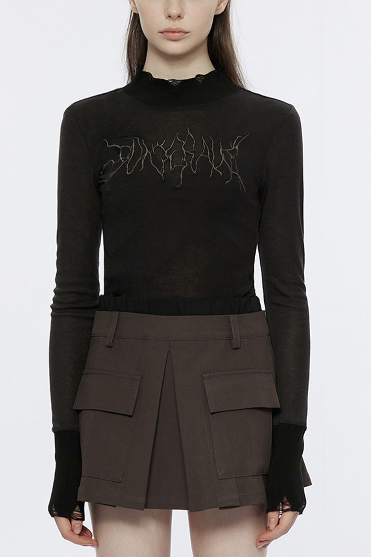 High Collar Long Sleeves Font Embroidery Slim Women's Punk T-Shirt 2 Colors - Black - 9