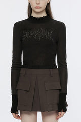 High Collar Long Sleeves Font Embroidery Slim Women's Punk T-Shirt 2 Colors - Black - 9