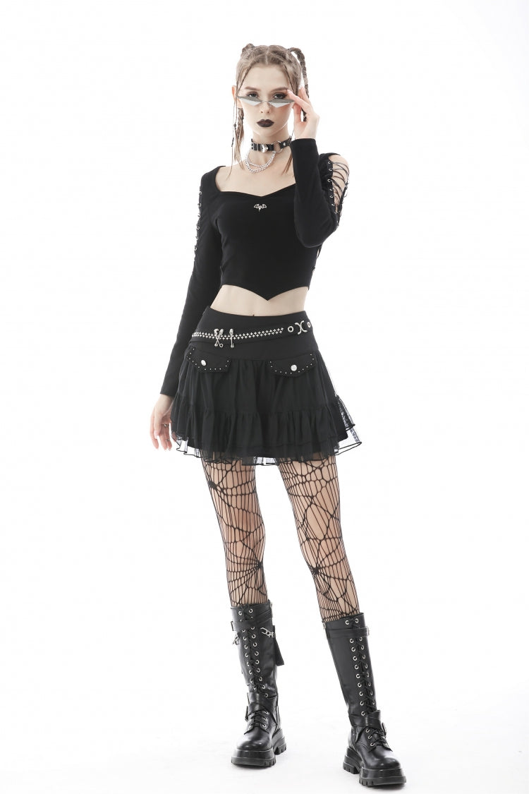 Black Long Sleeves Irregular Strappy Bat Women's Punk Crop Top - Product - 6