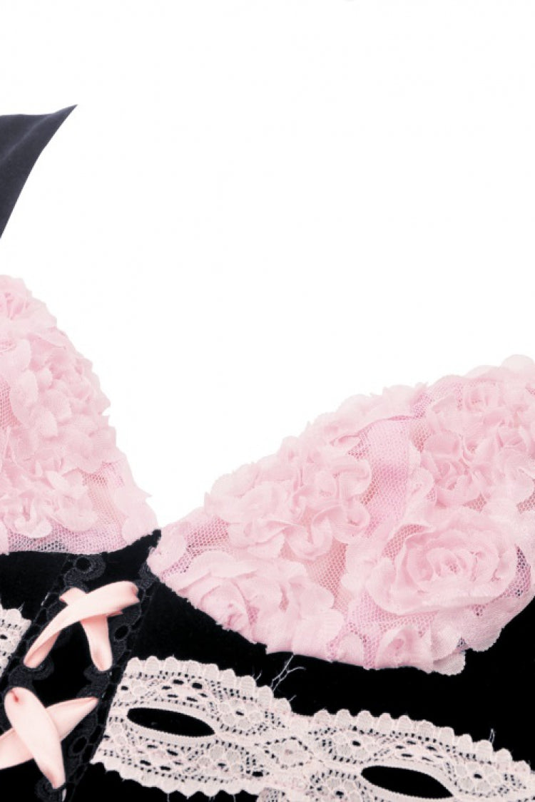 Black/Pink Lace Splice Velvet Lace-Up Women's Grunge Bustier - Product - 12