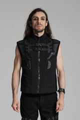 Black Sleeveless Bucke-up Zip Men's Punk Vest - Black - 1