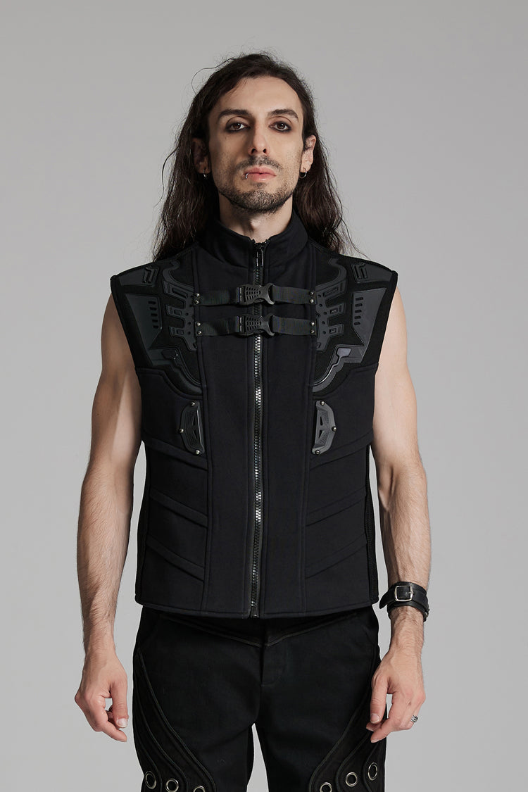 Black Sleeveless Bucke-up Zip Men's Punk Vest - Black - 1