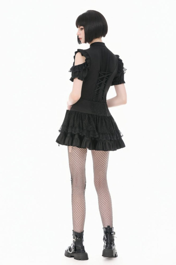 Black Mandarin Collar Cold‑Shoulder Puff Sleeves Ruffled Cut-Out Lace-Up Women's Gothic Blouse - Product - 9
