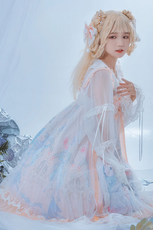 Light Blue Violin Cat Print Bowknot High Waisted Multi-Layer Ruffled Sweet Lolita Jsk Dress - Product - 2