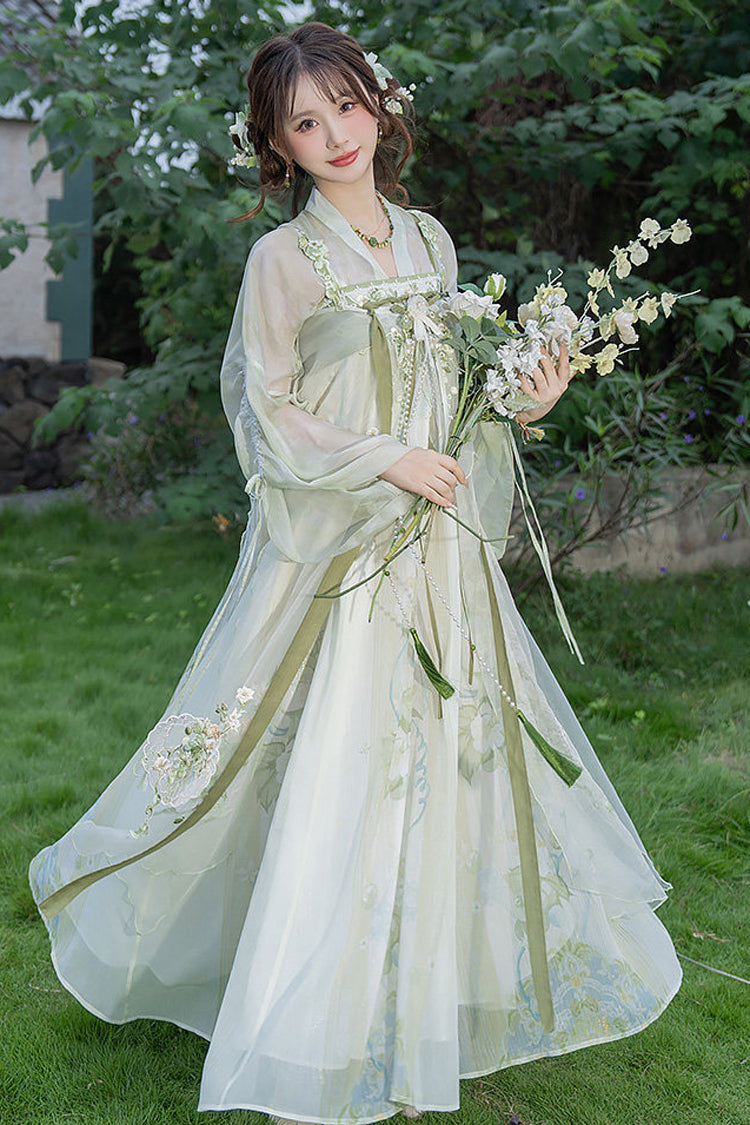 Green [Jade Green Grapes] High Waisted Embroidered Women's Sweet Hanfu Dress Set - Green - 1
