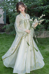Green [Jade Green Grapes] High Waisted Embroidered Women's Sweet Hanfu Dress Set - Green - 1