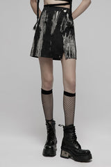 Black/White Hem Side Slit Design Cute Metal Heart Buckle Decoration Tie-Dyed A-Line Short Women's Punk Skirt - Black/White - 1