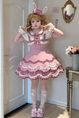 Pink [Bunny Parfait] Short Sleeves Multi-Layered Ruffle Bowknot Sweet Lolita Dress - Product - 3