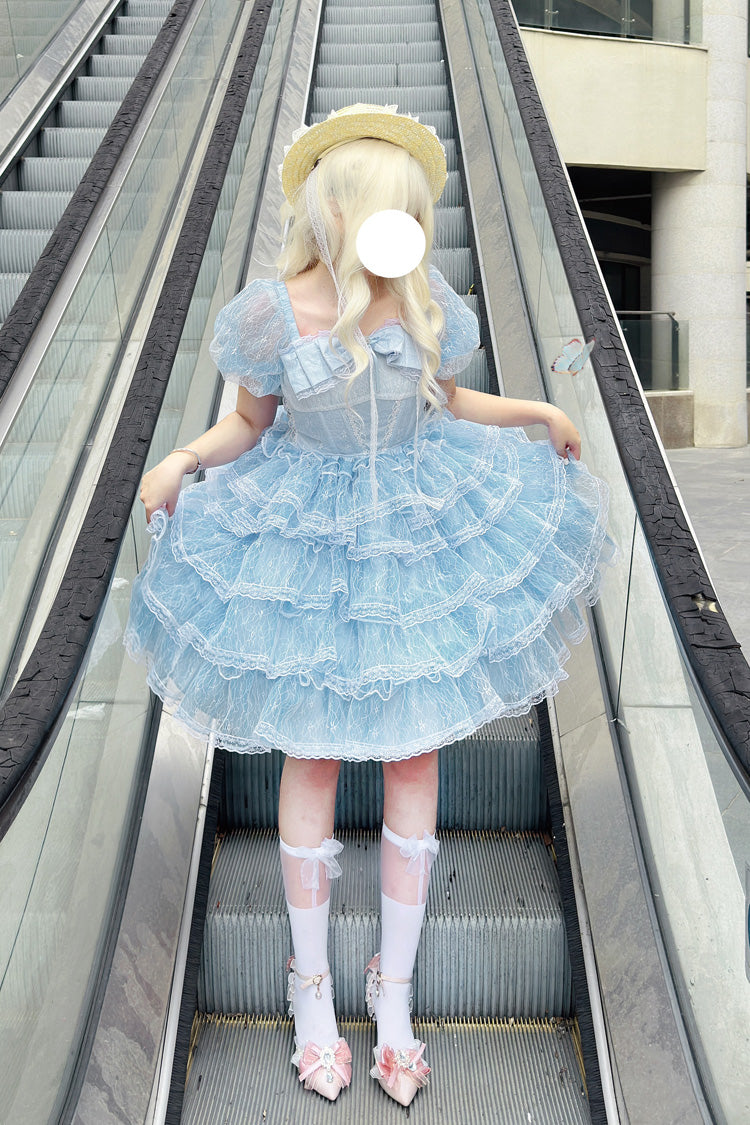 Blue Short Sleeves Multi-Layered Ruffle Hanayome Bowknot Lace Plus Size Sweet Lolita Dress - Product - 6