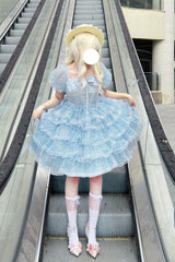 Blue Short Sleeves Multi-Layered Ruffle Hanayome Bowknot Lace Plus Size Sweet Lolita Dress - Product - 6