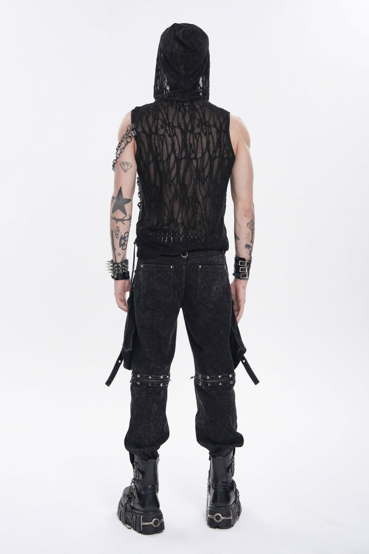 Black Hooded Sheer Asymmetric Chain-Decorated Men's Punk Hooded Vest - Product - 3