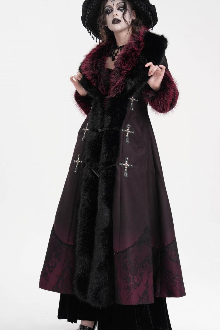 Black/Red Cross Long Sleeves Lace Women's Gothic Long Coat - Product - 8