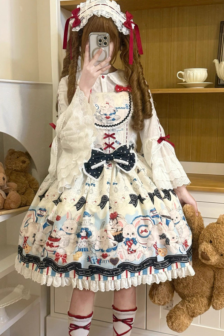 Beige [Mystery Rabbit Tea Party] Sleeveless Print Ruffle Bowknot Lace Sweet Lolita Jsk Dress - Product - 6