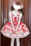 Red Strawberry Cocoa Jam Sleeveless Print Ruffle Bowknot Lace Sweet (Dress Only) front view