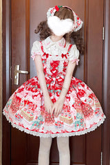 Red [Strawberry Cocoa Jam] Sleeveless Print Ruffle Bowknot Lace Sweet Lolita Jsk Dress - Red - 1