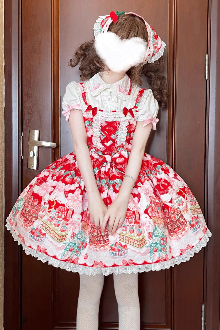 Red [Strawberry Cocoa Jam] Sleeveless Print Ruffle Bowknot Lace Sweet Lolita Jsk Dress - Red - 1