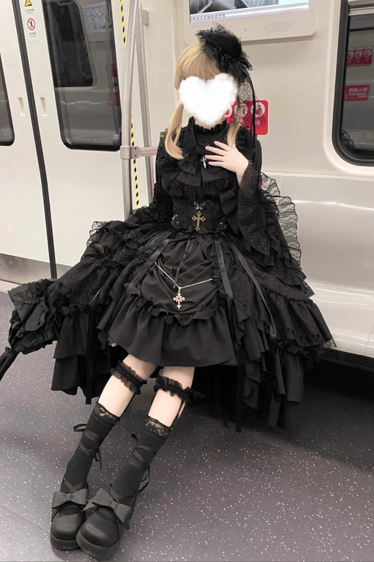 Black [Eternal Taboo] Long Hime Sleeves Ruffled Bow Gothic Lolita Skirt Dress Set - Product - 4