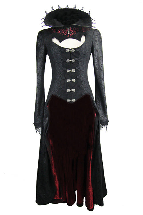 Black And Red Floral High Collar Embroidered Womens Gothic Coat - Product - 4