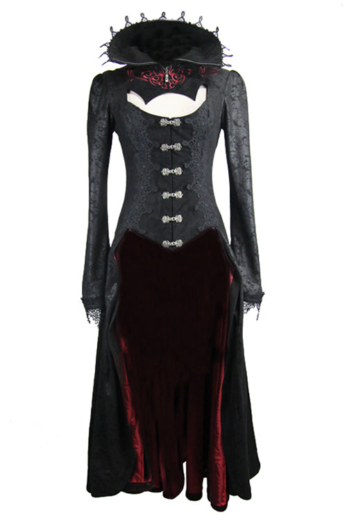 Black And Red Floral High Collar Embroidered Womens Gothic Coat - Product - 4