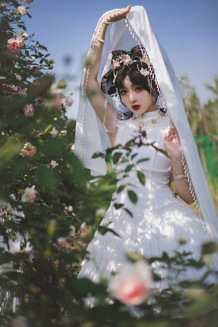 White Stand Collar Ruffle Chinese Qi Shawl Sweet Lolita Dress - Product - 7