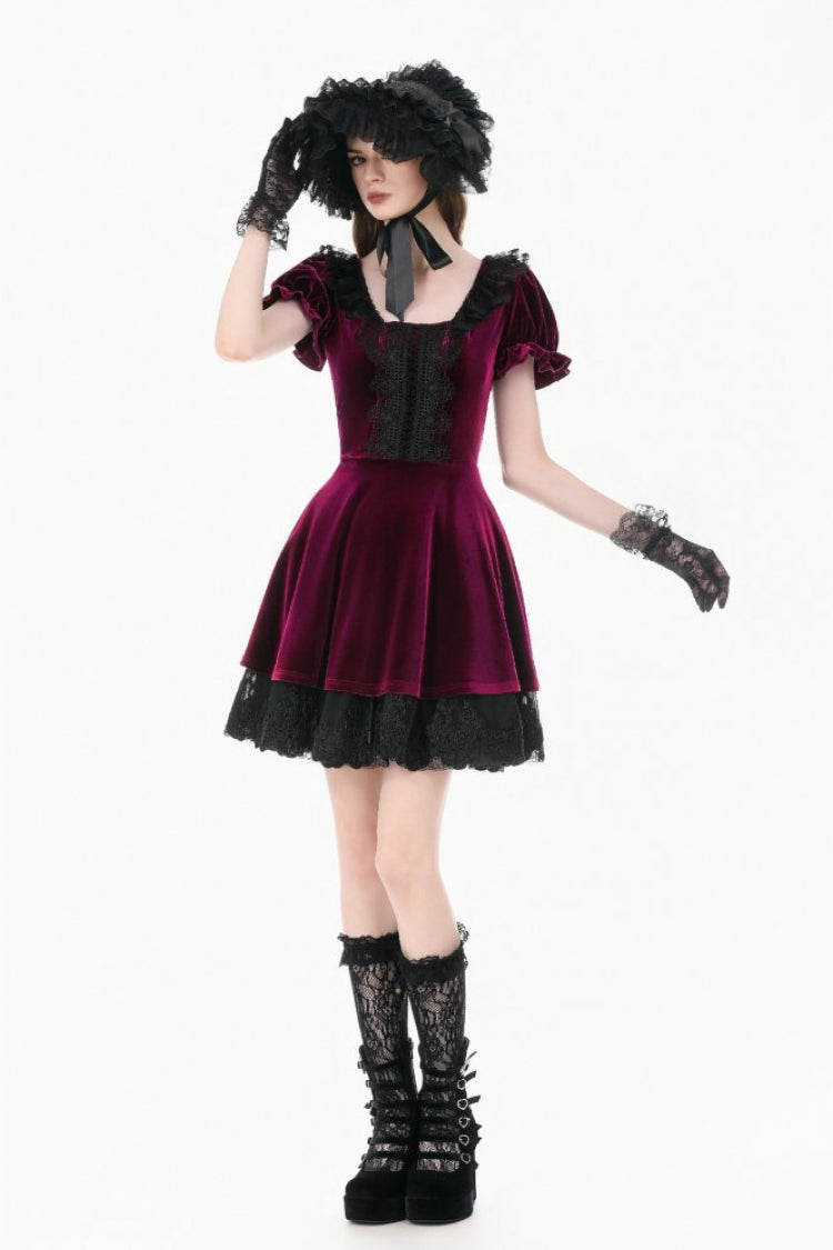 Wine Red Square Collar Short Puff Sleeves Velvet Patchwork Lace Lace-Up Women's Gothic Dress - Product - 7