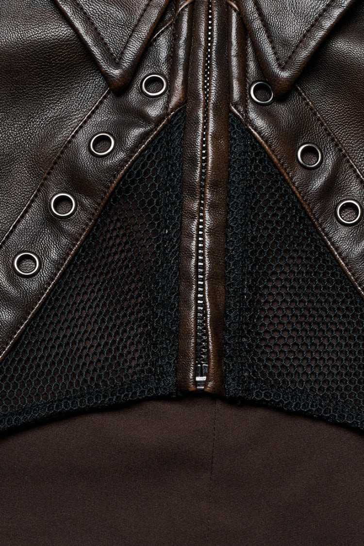 Brown Lapel Collar Long Sleeves Stitching Women's Faux Leather Punk Short Jacket - Product - 9