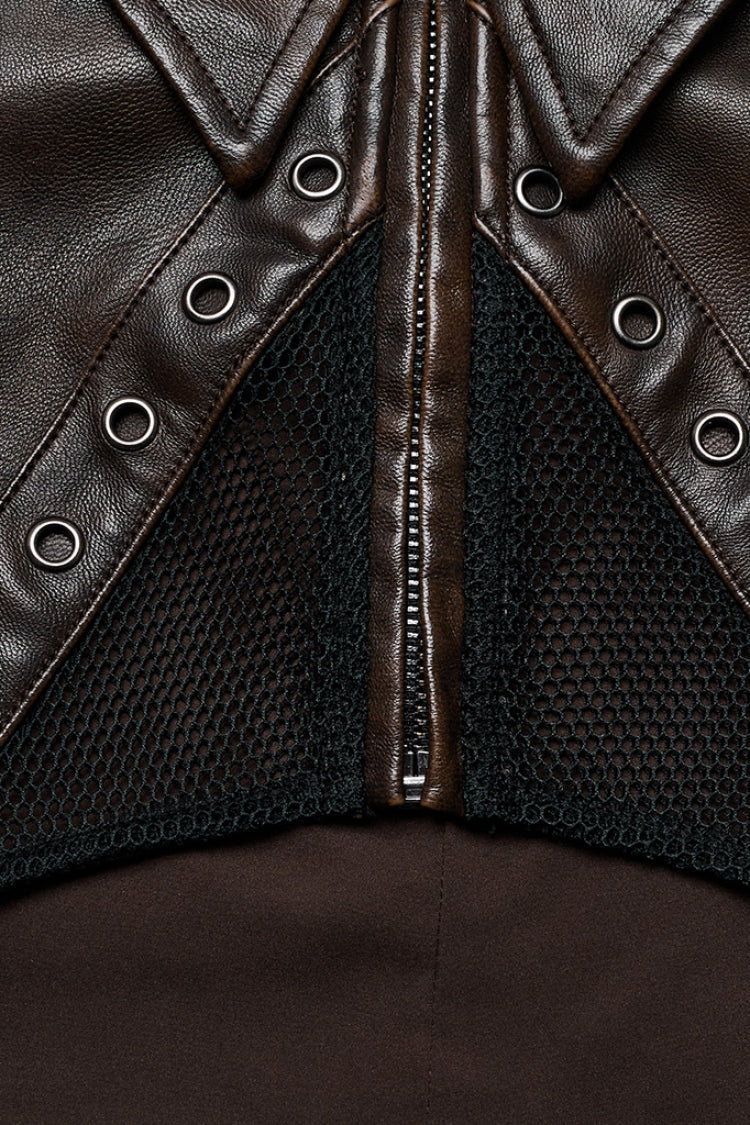 Brown Lapel Collar Long Sleeves Stitching Women's Faux Leather Punk Short Jacket - Product - 9