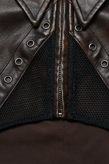 Brown Lapel Collar Long Sleeves Stitching Women's Faux Leather Punk Short Jacket - Product - 9