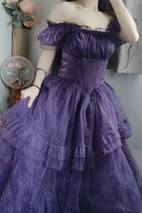 Purple [Bright Stars] Off Shoulder Ruffle Bowknot Asymmetric Sweet Elegant Princess Lolita Dress - Product - 6