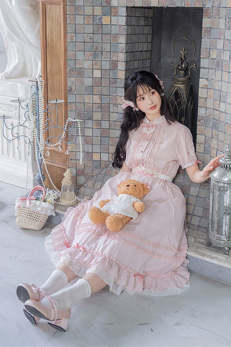 Pink Round Collar Short Sleeves High Waisted Ruffled Strawberry Midsummer Women's Sweet Lolita Dress - Product - 6